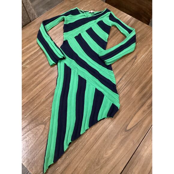 Ciebon Osha Directional Stripe Long Sleeve Asymmetric Knit Dress In Green/navy S - Picture 2 of 12